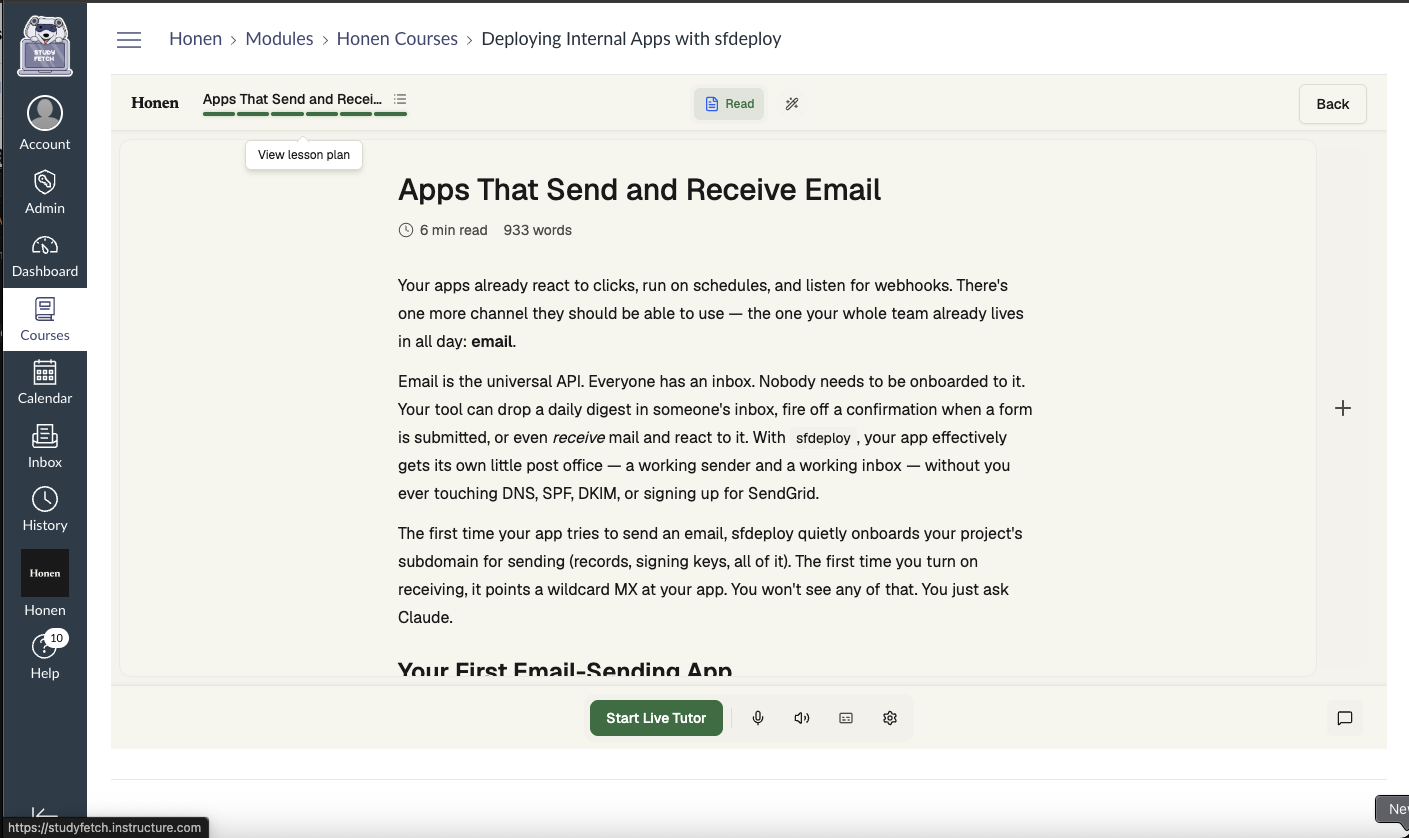 A Honen course running embedded inside Canvas